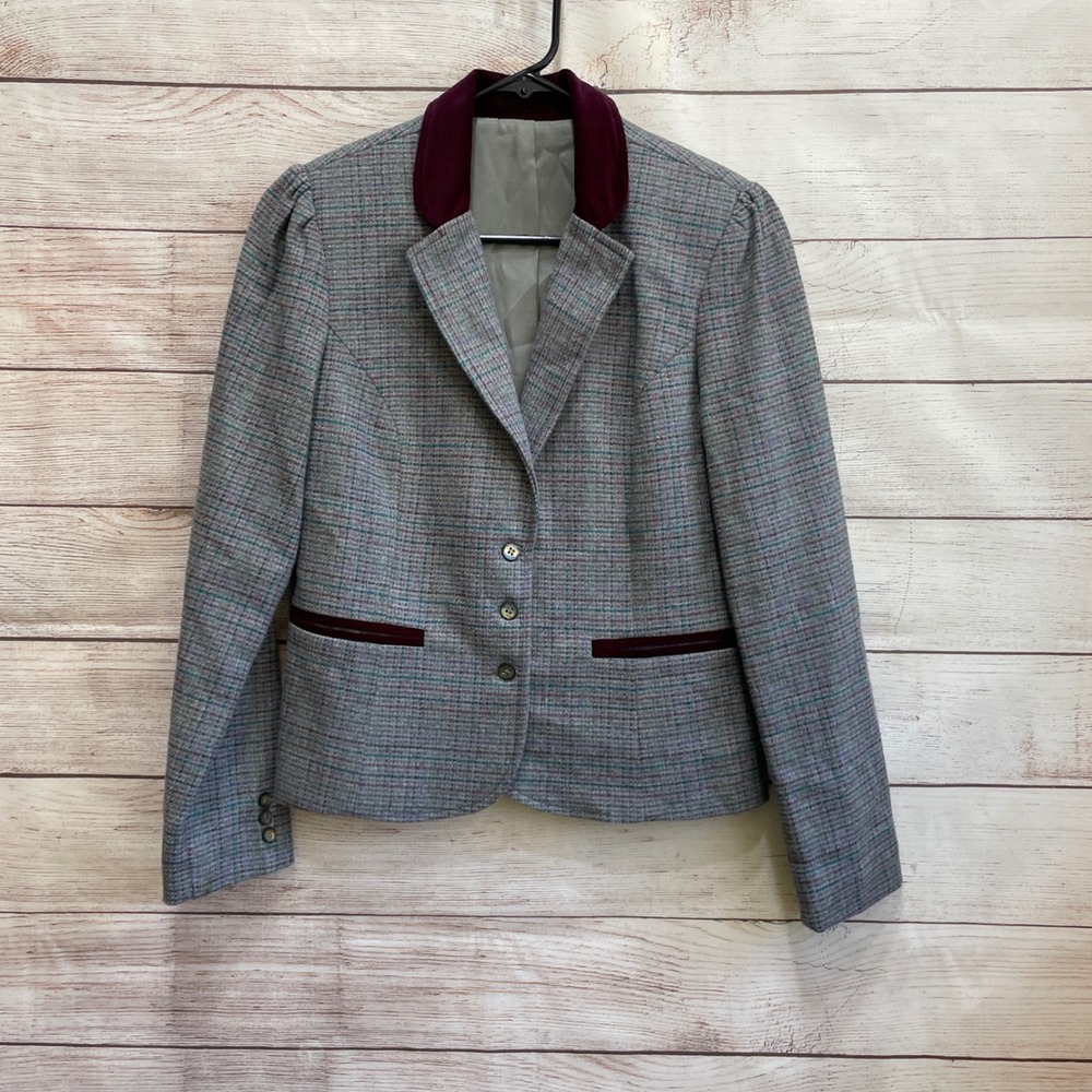 VINTAGE PETE BY PANDORA‎ WOOL HOUNDSTOOTH BLAZER WITH PURPLE VELVET COLLAR